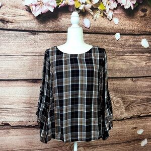 Maurices Women’s Rayon Plaid Printed Bell Dramatic Sleeve Tie Back Blouse